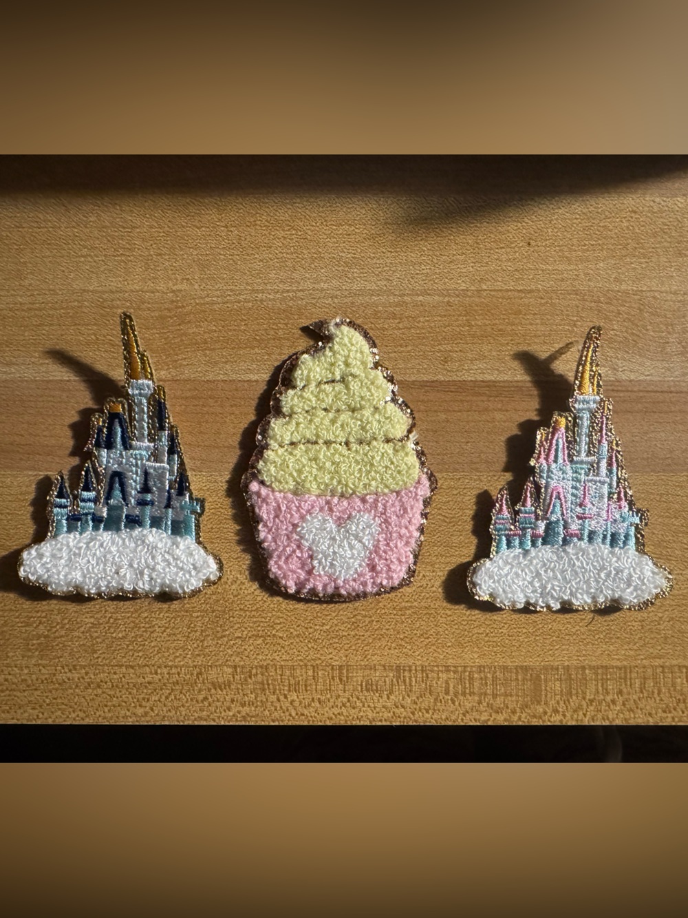 New Disney pink + blue Castle, dole whip patch w Mickey - set of 3